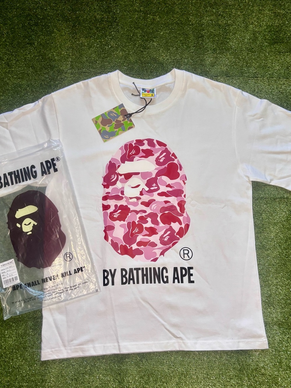 Bape White Tee with Pink Camo Ape Head